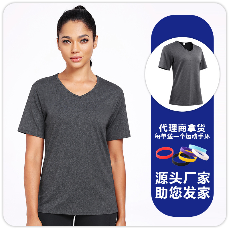 Damas nueva primavera y verano V-collar granular seco rápido transpiración alta elástica absorción de humedad y sudor deportes de yoga slimming mangas cortas T image 7