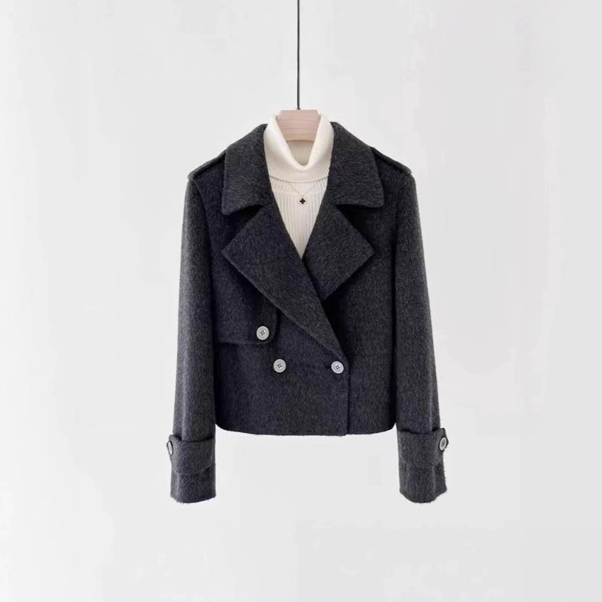 Двусторонняя кашемировая верхняя одежда для женщин, короткая серая, осень 2025, новый популярный дизайн, шерстяной костюм, короткая куртка