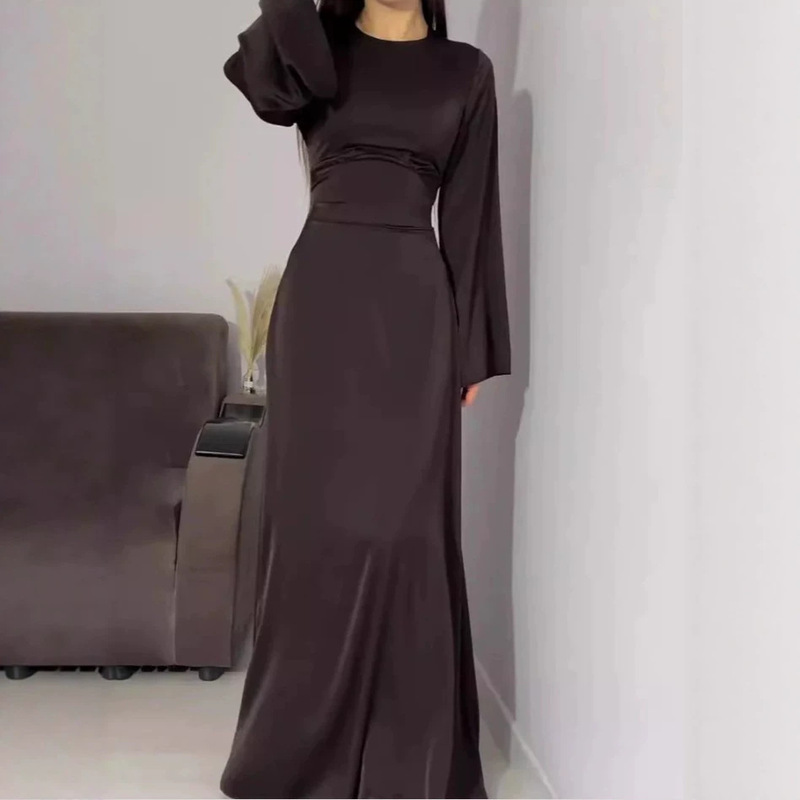 Waist-Cinching Slimming Tie-Up Solid Color Long-Sleeve Dress with Flared Sleeves, Direct Supply from the Source Factory, Modest Long Style