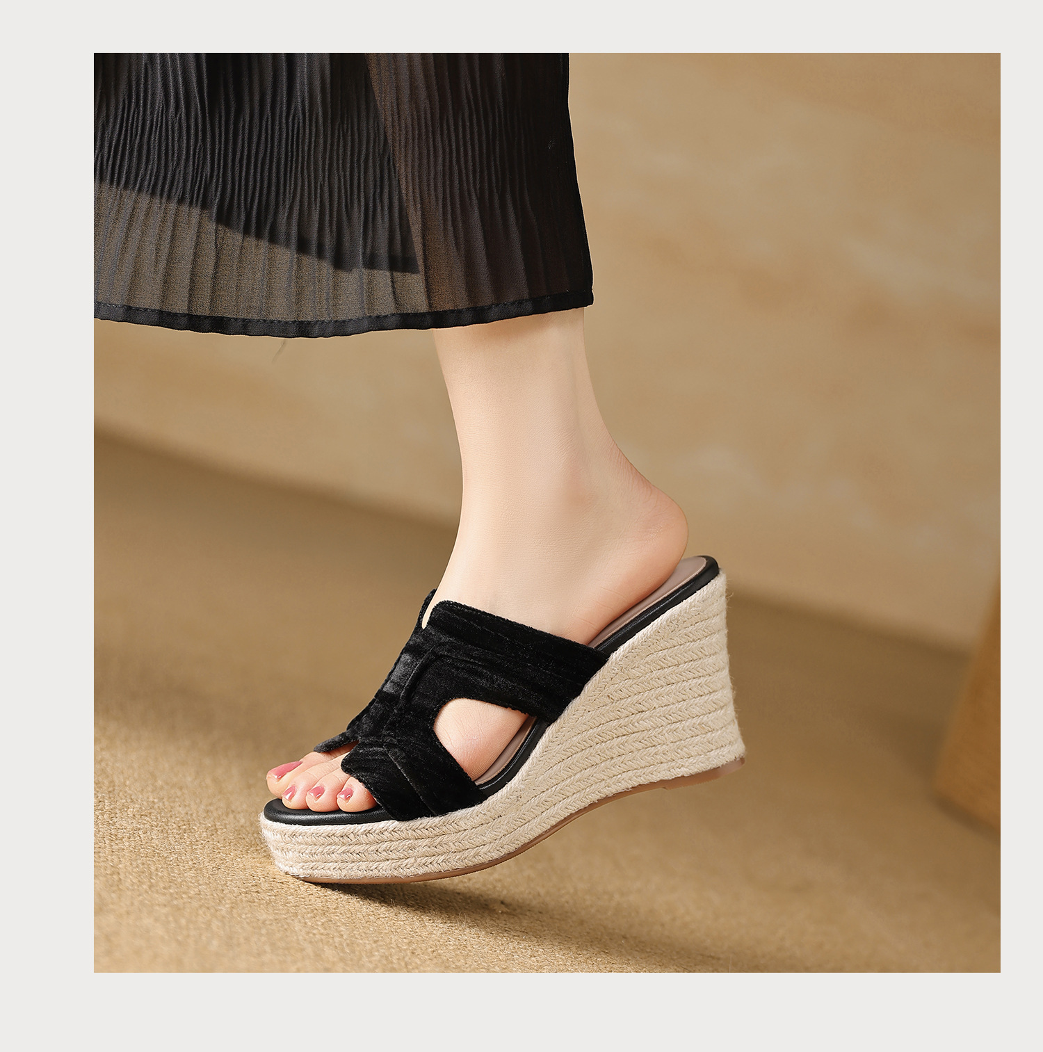 Sandal cao gót nữ đế xuồng phong cách Bohemian, quai ngang đan mây, gót 9 cm — màu đen, màu mơ chi tiết 11