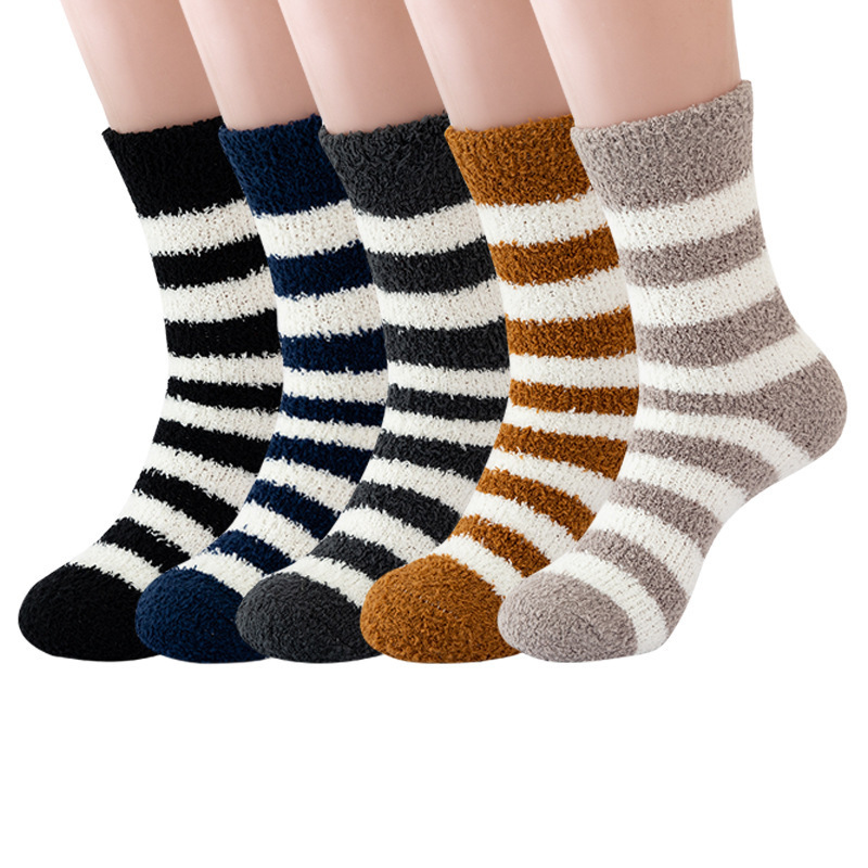 Men's Slippers Socks Crew Sailor Men's Coral Fleece Thick Plus Fleece Socks Floor Socks Striped Fluffy No Hair
