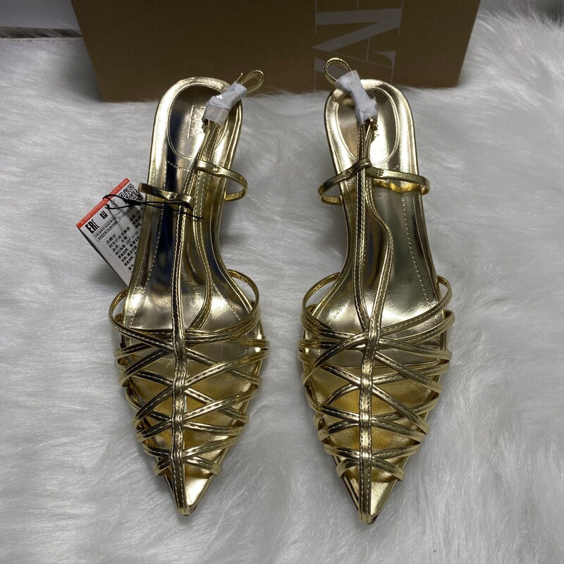 Za2025 New Style Gold Cross-Strap Pointed Toe Thin Heel Back-Tie Fashion Buckle Strap Simple Open-Toe Women's Sandals