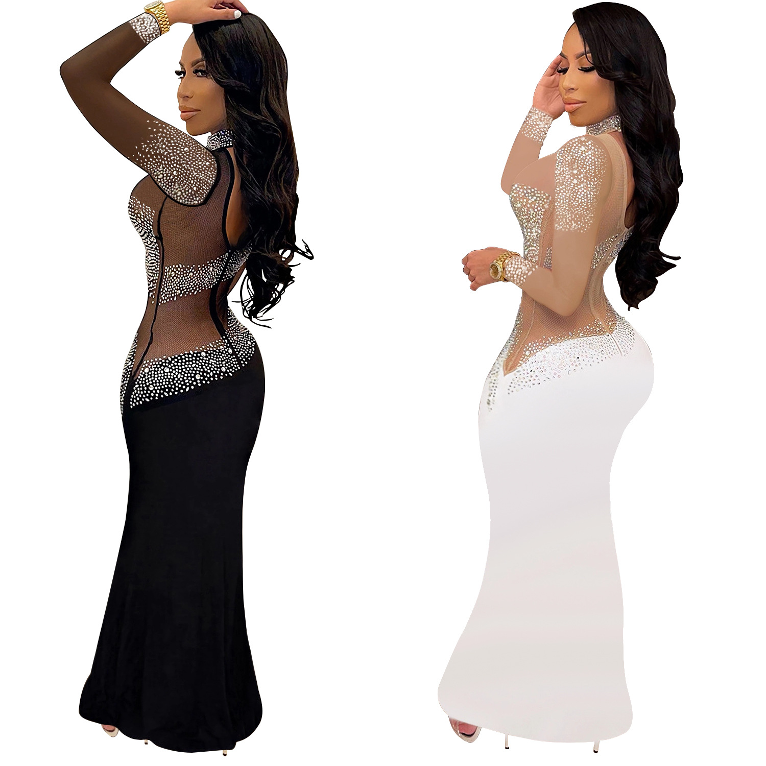 C7025 Aliexpress transfronterizo Amazon estación independiente de moda europea y americana nueva ropa de mujer de diamante caliente vestido largo de cuello redondo image 6