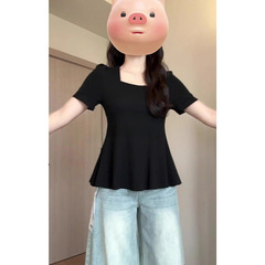 大码时尚显瘦纯欲胖MM方口领新款夏季休闲收腰荷叶短袖遮肉上衣潮