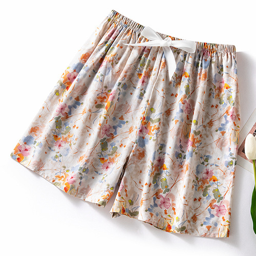 Summer cotton satin pajama pants for women, thin and stylish short pants, artificial cotton, loose, can be worn outside, single pants for plus size, home three-quarter pants