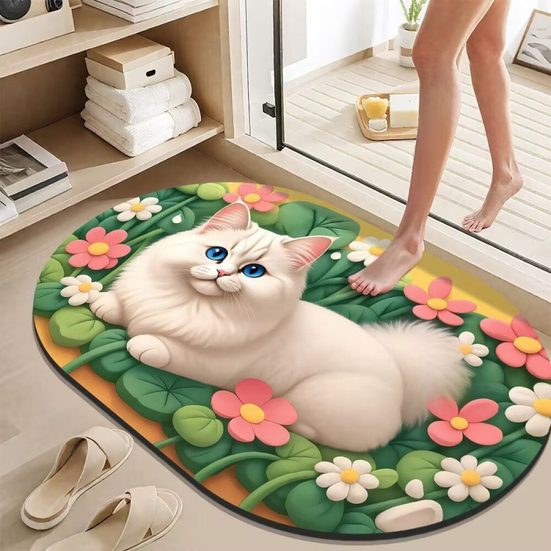 3D Cute Cat Bathroom Non-Slip Water-Absorbent Diatom Mud Floor Mat Kitchen Wear-Resistant and Dirt-Resistant Easy-Care Floor Mat