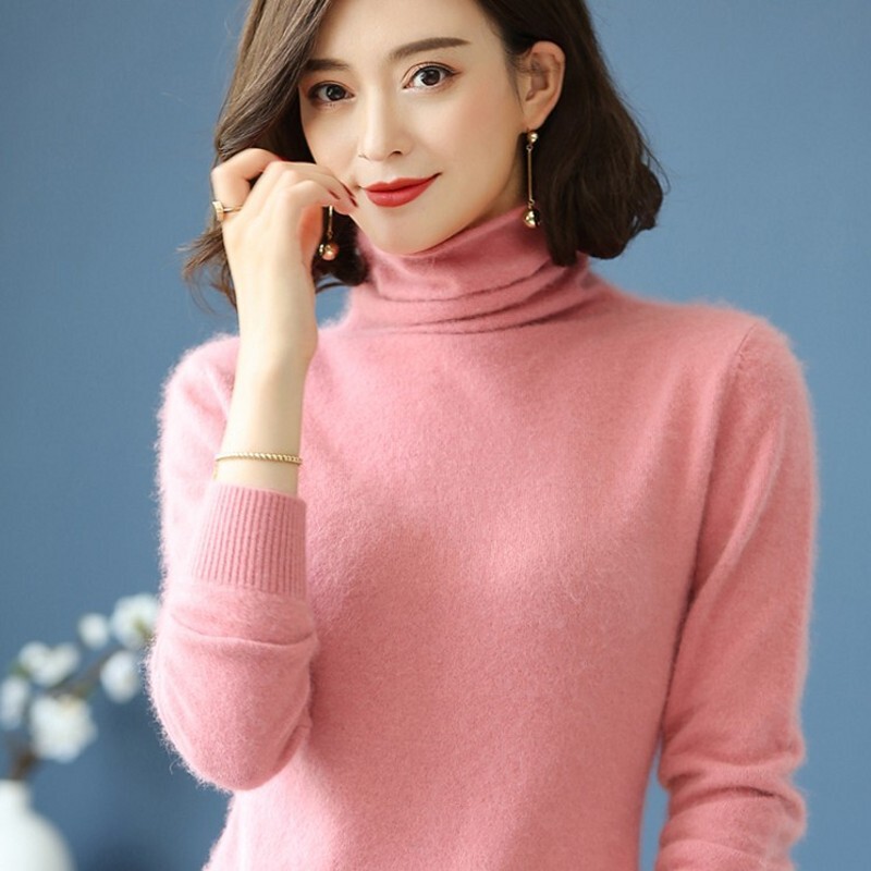 2023 autumn and winter cashmere turtleneck pullover mink velvet women's slim-fit short pile collar wool knitted bottoming shirt sweater