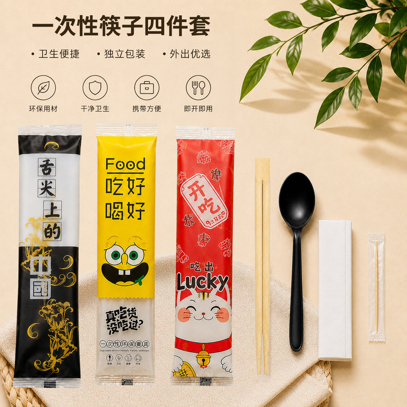 Factory direct supply of disposable chopsticks four-piece set, disposable chopstick set with spoon, bamboo tableware set, eco-friendly