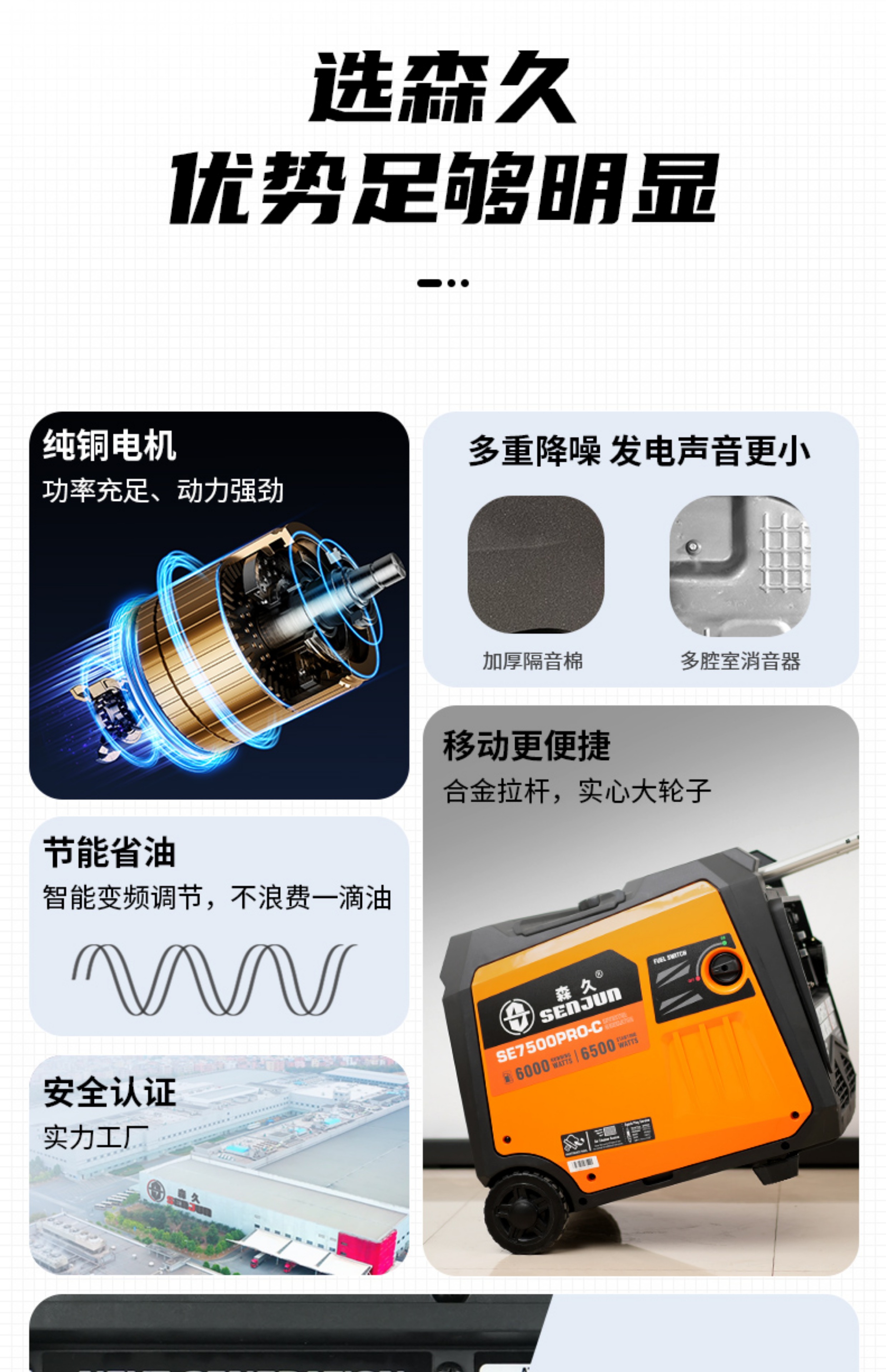 Senjiu Brand Silent Inverter Generator Set 220V Household 6.5Kw High-Power Outdoor Portable Charging Generator for Stalls
