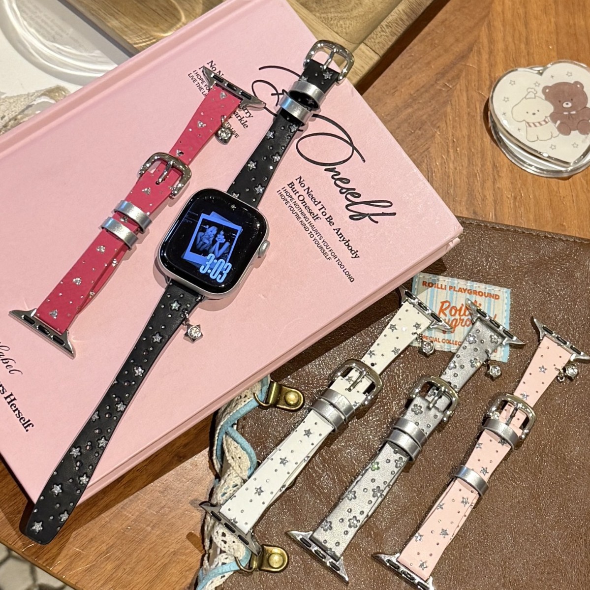 爱心星星波点镶钻皮质表带适用苹果手表iwatch12代11/10