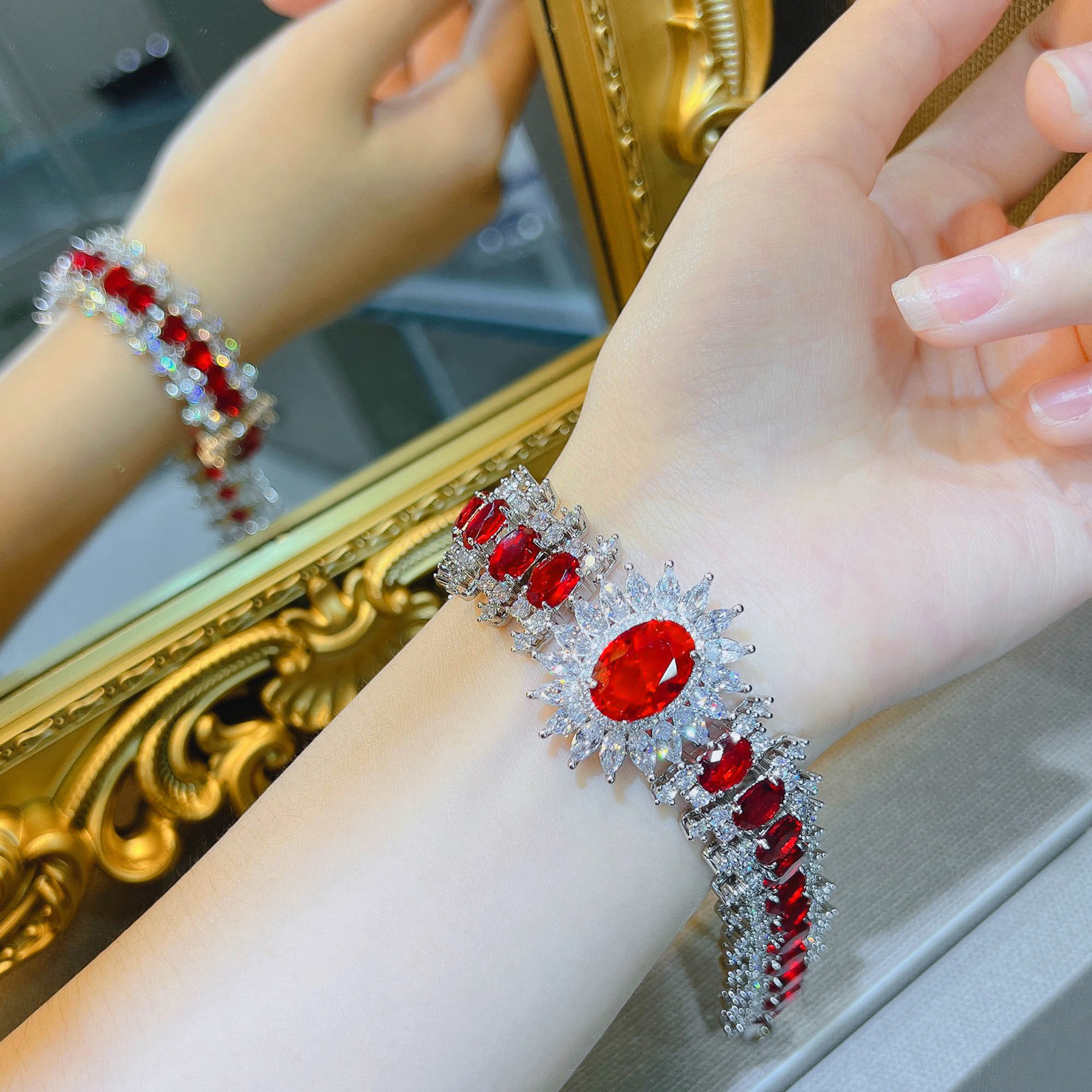 Fashion Flower Copper Bracelets Inlay Artificial Gemstones Copper Bracelets