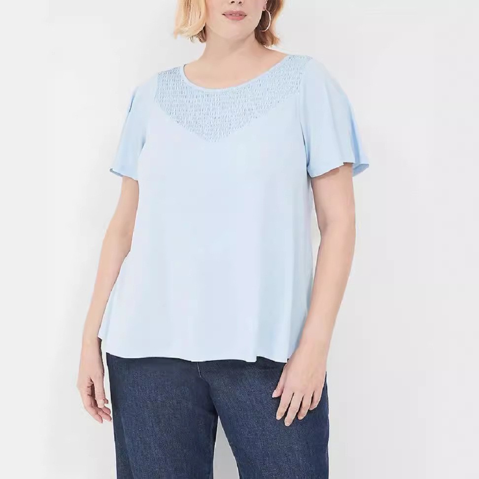 2024 Europa y los Estados Unidos verano nuevo tamaño transfronterizo ropa de mujer de pecho cuello redondo mangas cortas sueltas cómodas camisetas frescas image 7