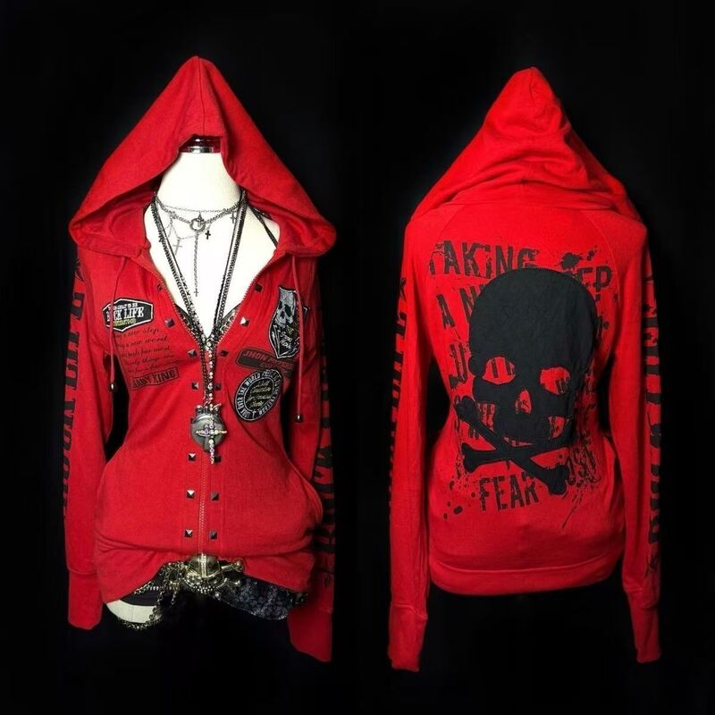 Punk Rock Dark Harajuku Sexy Long-Sleeved Sweatshirt Jacket Skull Letter Cardigan Subculture Jacket Autumn and Winter Style Punk Rock Dark Harajuku Sexy Long-Sleeved Sweatshirt Jacket Skull Letter Cardigan Subculture Jacket Autumn and Winter Style