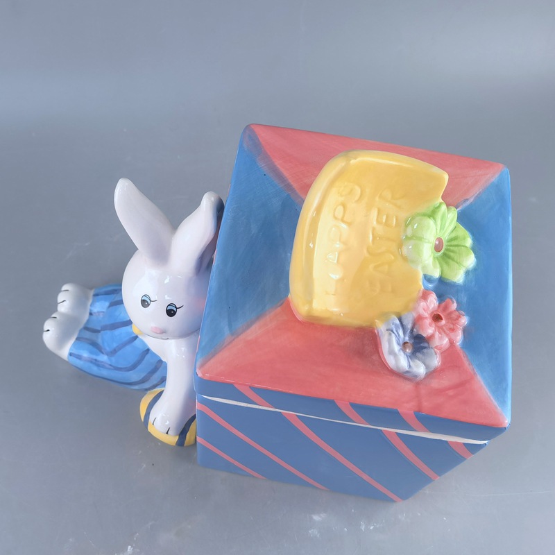 Cerámica de Pascua cuadrada conejo galletas latas de una variedad de huevos de dolomita pintados a mano latas de dulces latas de almacenamiento latas de condimentos