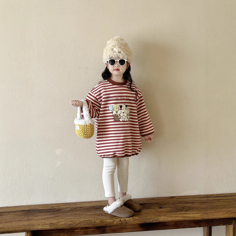 Clearance Sale No Returns or Exchanges: Children's Korean Style Sweatshirt for Toddlers and Kids, Striped Cartoon Fleece-Lined Thickened Sweatshirt