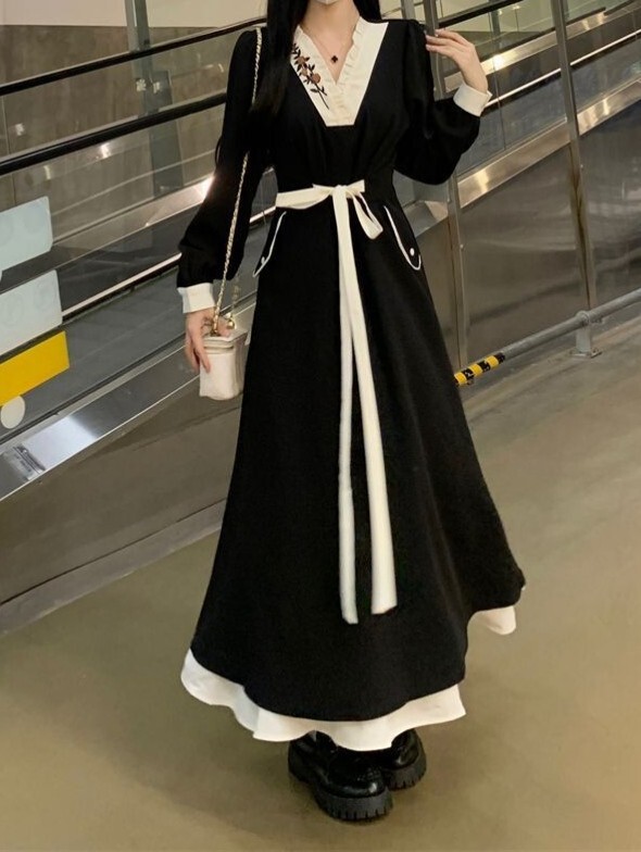 2026 Spring New Slimming New Chinese Style Dress Plus Size A-Line Design with Puff Sleeves Extra Long for a Minimalist Look