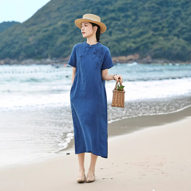 2026 New Original Women's Clothing Retro Linen Three-Dimensional Embroidery Long Dress for Women High-Quality Short-Sleeved Tea Dress