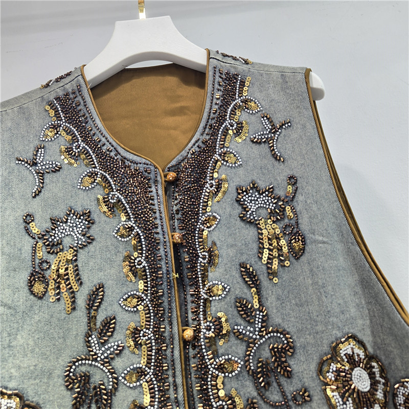 Estación europea de la industria pesada bordada esquinilla clavos chaleco denim de cuello redondo ropa de mujer plegable alta sensación de moda camisa de mujer image 3
