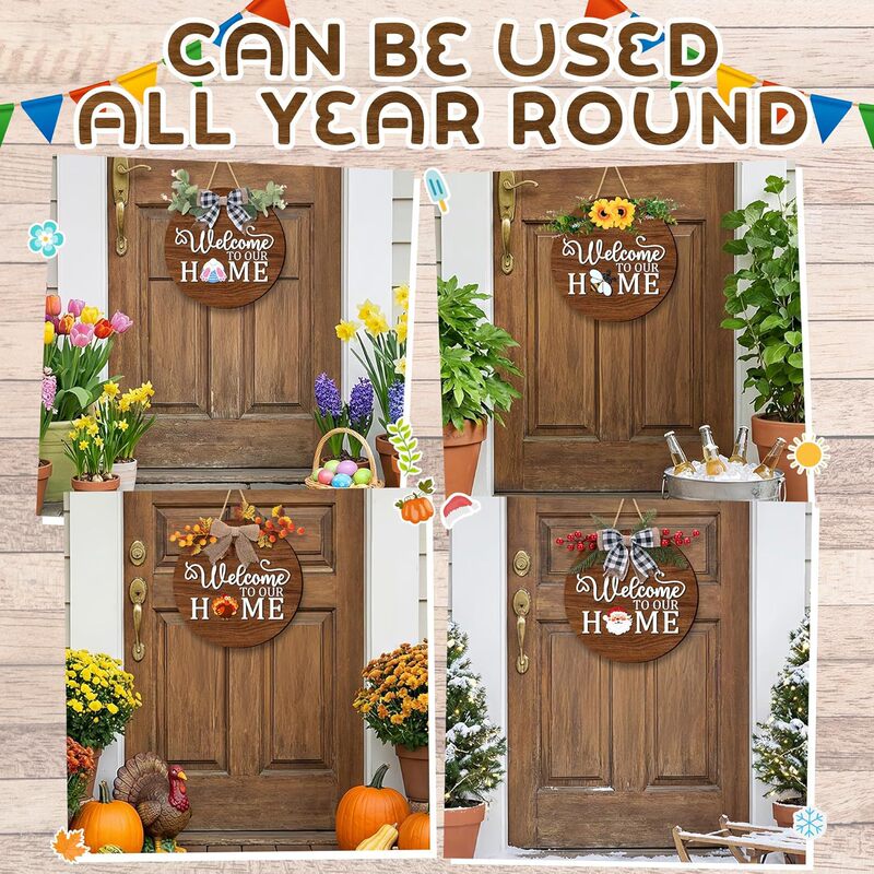 Interchangeable Welcome Signs Suitable for Front Doors, Seasonal Wooden Holiday Wreaths, and Porch Door Decorations