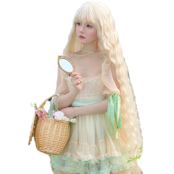 Morikawa capelli ricci lunghi 1 metro, parrucca oro chiaro, set completo per la testa, lolita femminile, motivo a increspature dell'acqua, studio, Mao Niang_voghion.com