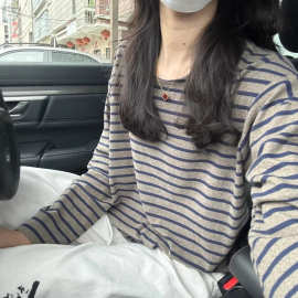 新韩系松弛感慵懒条纹长袖t恤女2025秋冬磨毛内搭打底衫宽松上衣