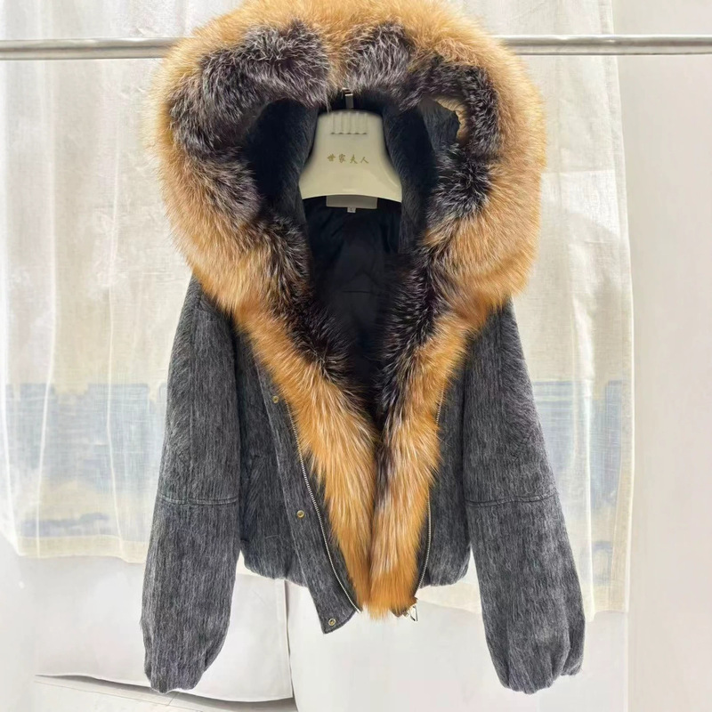 Cross-Border European and American Winter New Style Hooded Natural Fox Fur Collar High-End Fur Short Thickened Warm down Jacket for Women Cross-Border European and American Winter New Style Hooded Natural Fox Fur Collar High-End Fur Short Thickened Warm down Jacket for Women