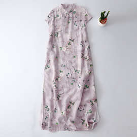 新中式女装连衣裙2025女新款夏季粉色碎花裙苎麻新式旗袍裙年轻款