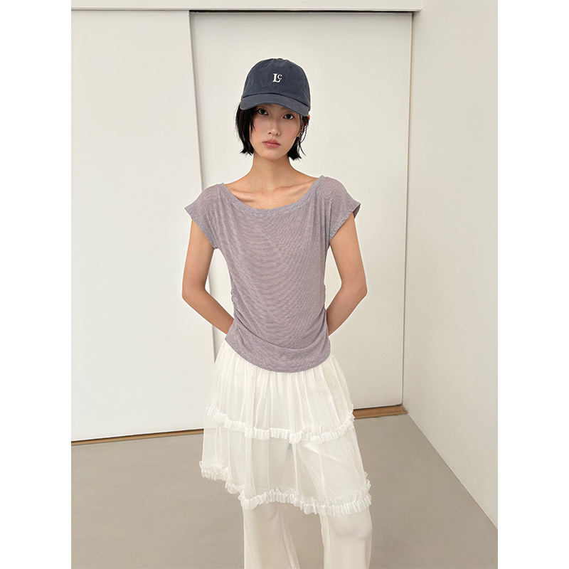 [Clearance, No Returns] Off-Shoulder Knitted Short Sleeve Women's Summer Thin Waist-Cinching Ruched Versatile T-Shirt 30708