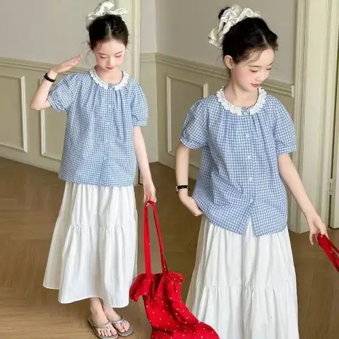 Girls Skirt Suit Summer 2025 New Kidsren's Summer Dress Girls Big Kidsren Skirt Plaid Shirt Two-Piece Set