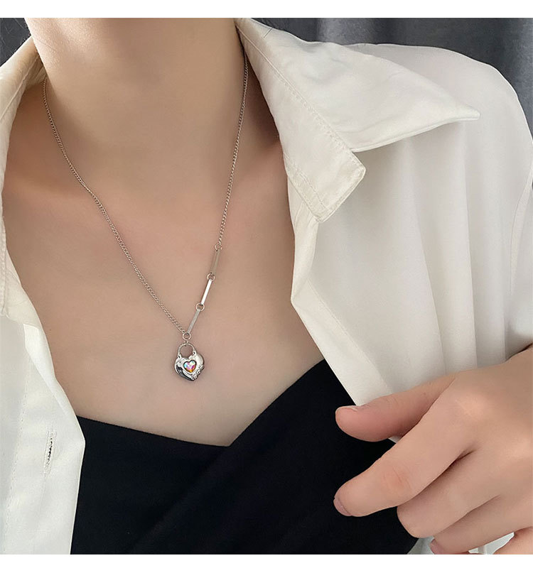 Fashion Heart Shape Titanium Steel Polishing Inlay Zircon Pendant Necklace 1 Piece