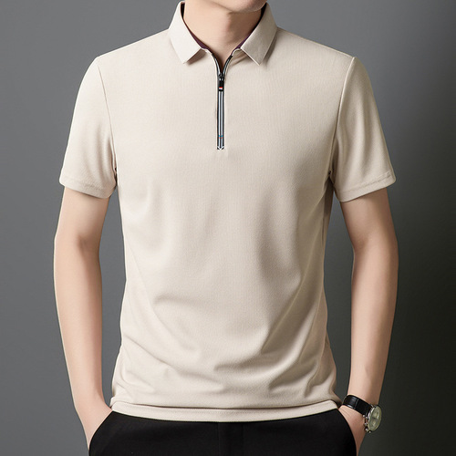 Summer Men's Short-Sleeve Chiffon T-Shirt with Zipper Decoration, Suitable for Middle-Aged Men, Collared Casual Trendy Top