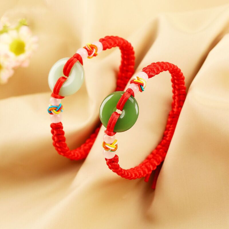 Hand-Woven Zodiac Year Red Rope Bracelet Imitation Jade Safety Buckle to Ensure Safety Men and Women Bracelets Gift Jewelry Wholesale