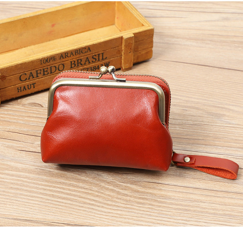 Ví nữ da bò thật cổ điển dạng gấp đựng tiền xu thẻ 11×6×8 cm — Màu đen, Đỏ hoa hồng chi tiết 34
