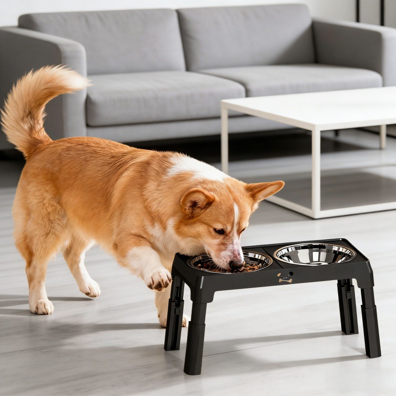 Tazón de acero inoxidable para perros, doble tazón, pie alto anti-derribe para mascotas, soporte de tazón plegable, cuello ajustable, tazón de comida para gatos
