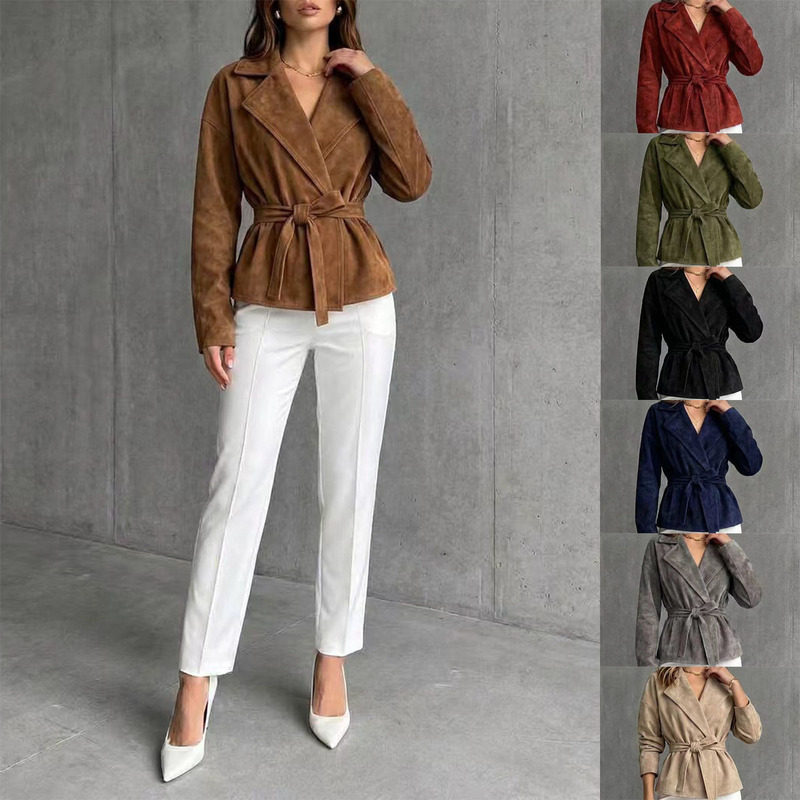 2026 Autumn/Winter New Cross-Border European and American Women's Fashion Lapel Tie-Waist Short Jacket Loose Long-Sleeve Coat 2026 Autumn/Winter New Cross-Border European and American Women's Fashion Lapel Tie-Waist Short Jacket Loose Long-Sleeve Coat