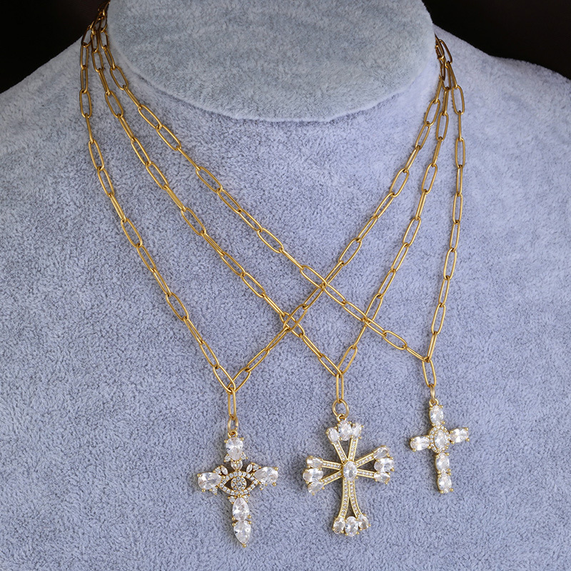 Fashion Cross Copper Inlay Zircon Pendant Necklace 1 Piece