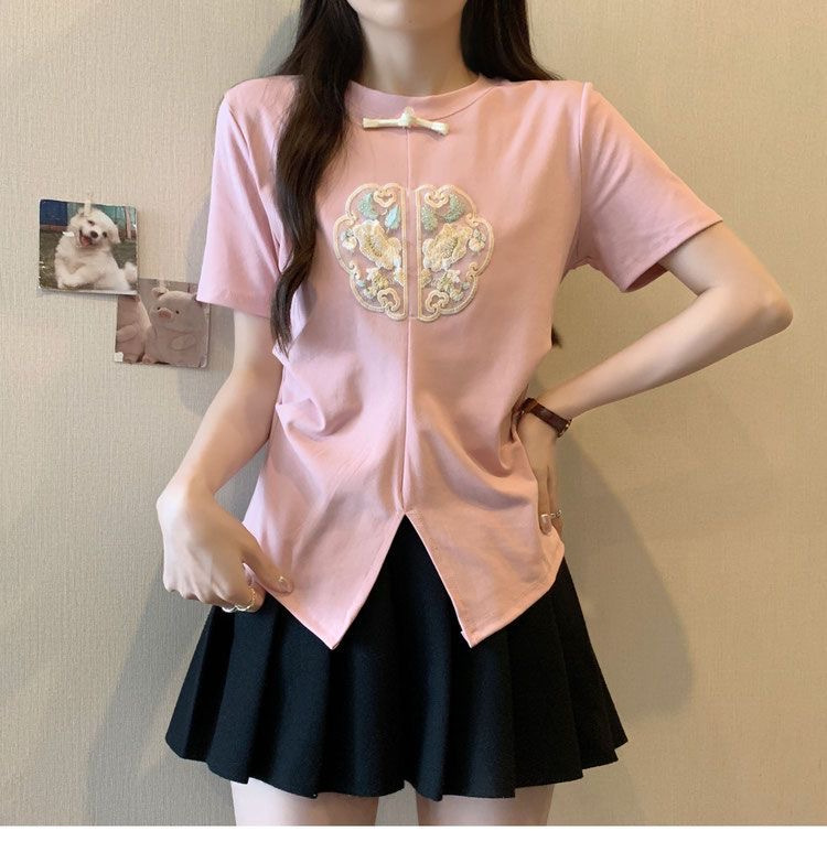 2024 Summer Embroidered Split Short Sleeve Design T-shirt New Chinese style High end Bottom Top_voghion.com