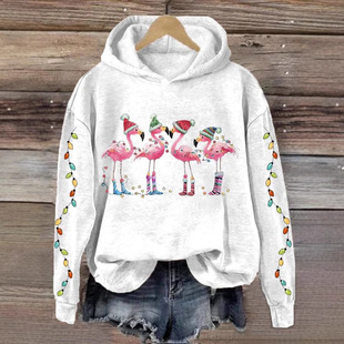 Trendy New Christmas Flamingo Series No Drawstring 3D Digital Printing Women's Long Sleeve Hooded Pullover Sweat