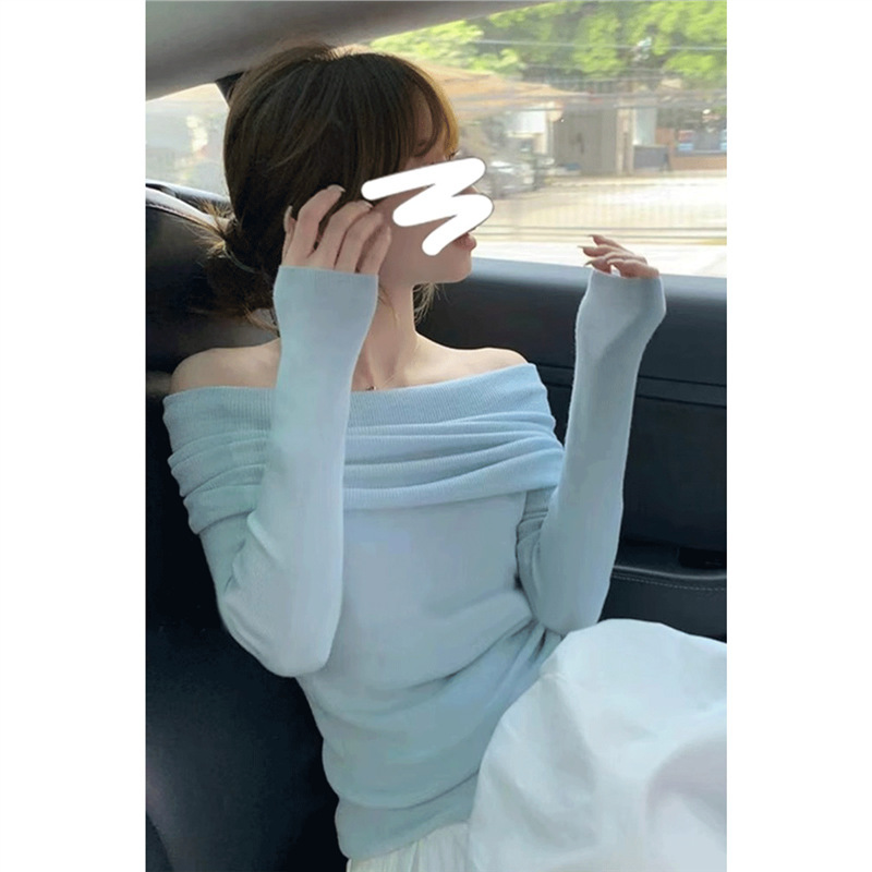 法式高级感一字肩长袖针织衫女早秋气质温柔露肩别致绝美小上衣潮|undefined