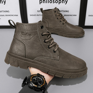Autumn and Winter leather boots men's labor protection shoes casual work shoes high-top overalls boots all-match mid-Top Martin boots trendy