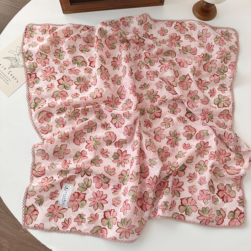 70 algodón y lino floral cuadrado bufanda de las mujeres estilo coreano de todo partido pastoral estilo artístico cuello Protección decorativa bufanda pequeña bufanda delgada
