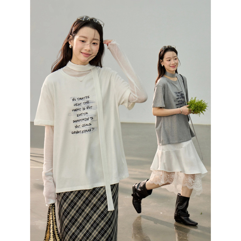 [Peninsula Love Letter] Goming Korean-Style Letter-Printed T-Shirt with Ribbon for Women, Spring Short-Sleeved Top N0083D