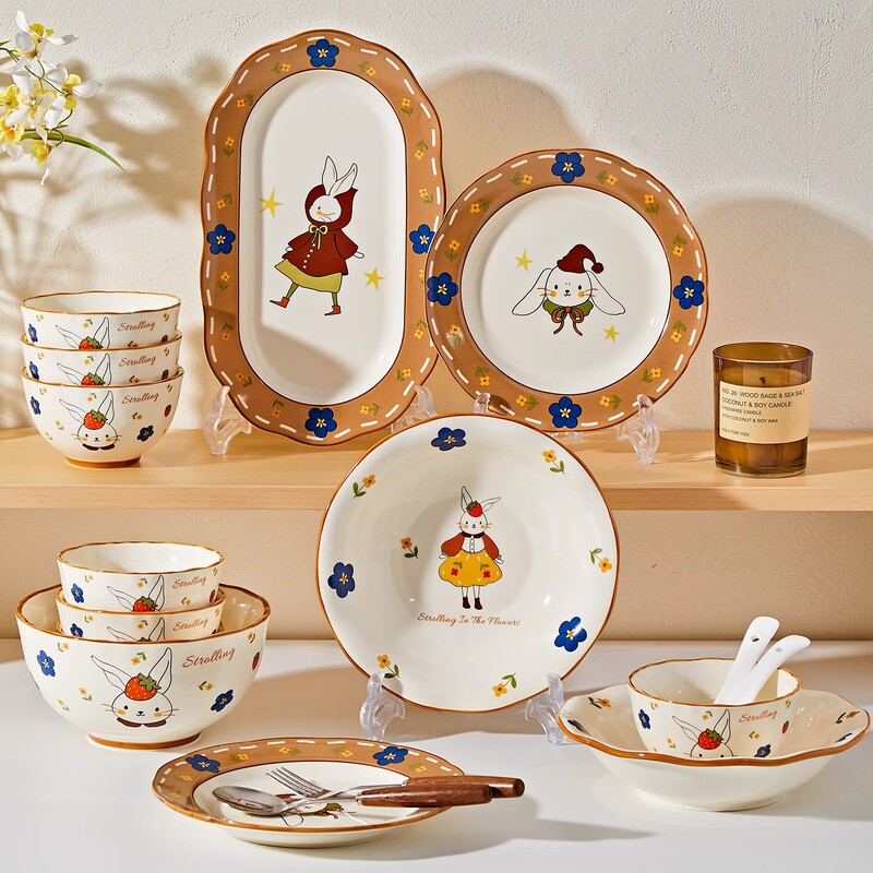 Jingdezhen French Retro Cartoon Tableware Household Ceramic Tableware Dishes Set Eating Bowls Plates Noodle Bowls Fish Plates