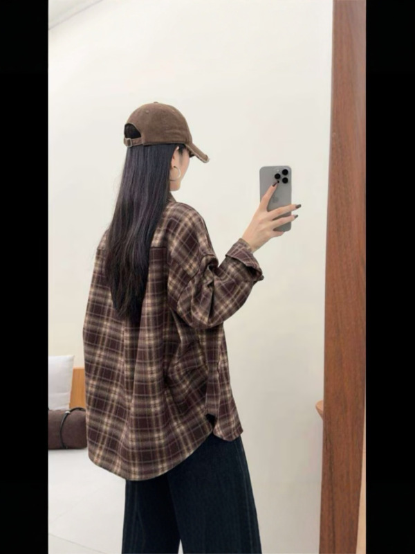 复古美拉德磨毛大码格子衬衫外搭女休闲宽松显瘦慵懒风衬衣上衣潮|undefined