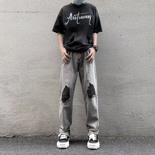 American vibe street cool, holey, slightly spicy, cat claw denim jeans for men, zipper cuffs, straight-leg long pants, trendy