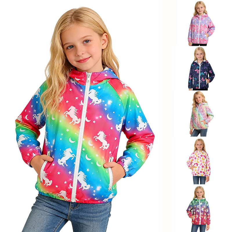 Children's Sports Printed Jacket, Sun Protection and Waterproof Clothing, Zipper Long-Sleeved Kidsren's New Style Rainbow Floral Casual Style Hooded Jacket