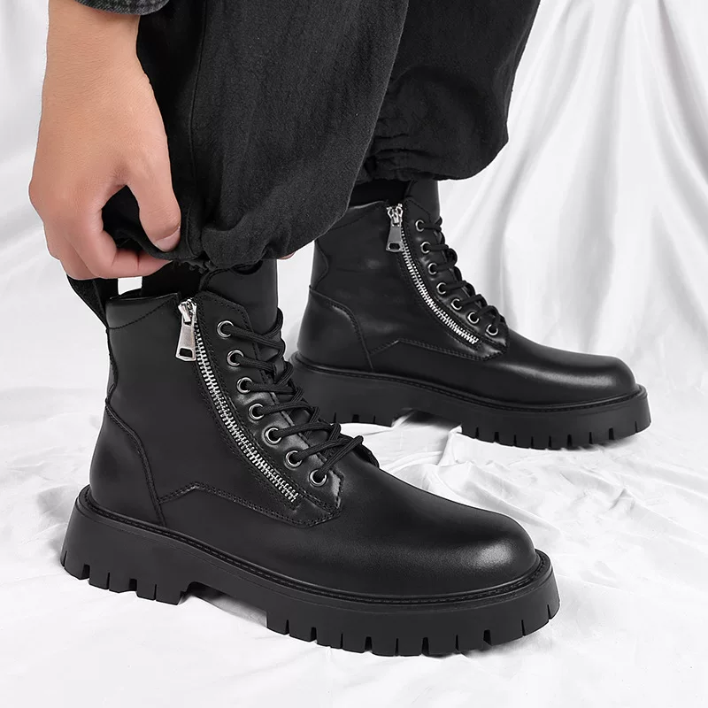Martens, trend black low boots with zipper English style, custom-made