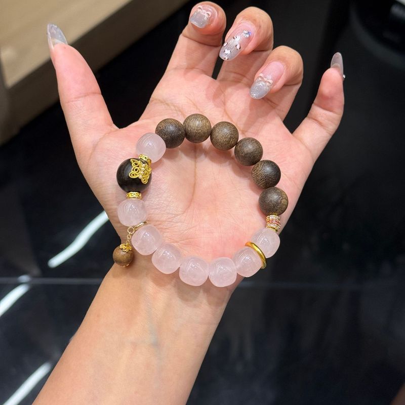 天然粉水晶手链粉水晶老形珠檀木手串时尚复古简约百搭女款手饰|undefined