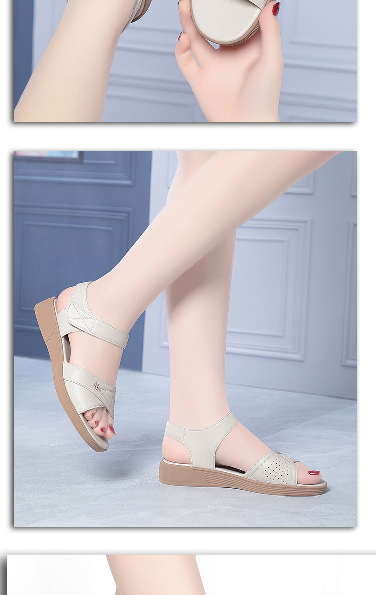 Sandal nữ da thật đế bệt hở mũi phong cách đơn giản — màu đen chi tiết 11
