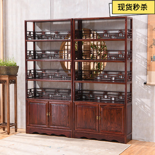 New Chinese Style Solid Wood Bookshelf Tea Display Rack Antique Display Cabinet Elm Wood Storage Rack Purple Sand Pot Product Display Rack
